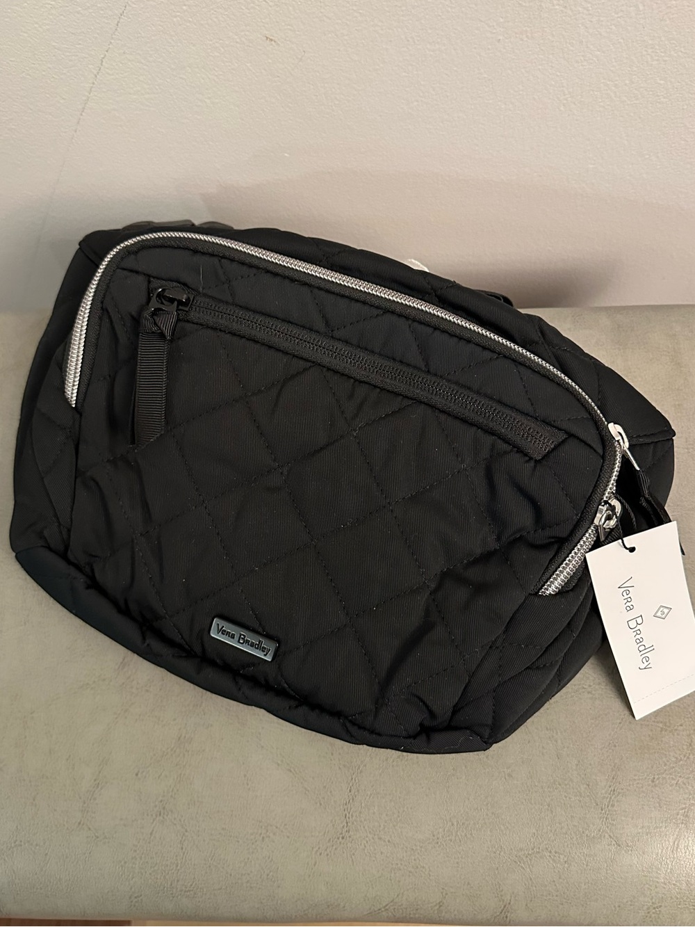 Vera Bradley Large Quilted Black Belt Bag with Silver Zippers NEW $80